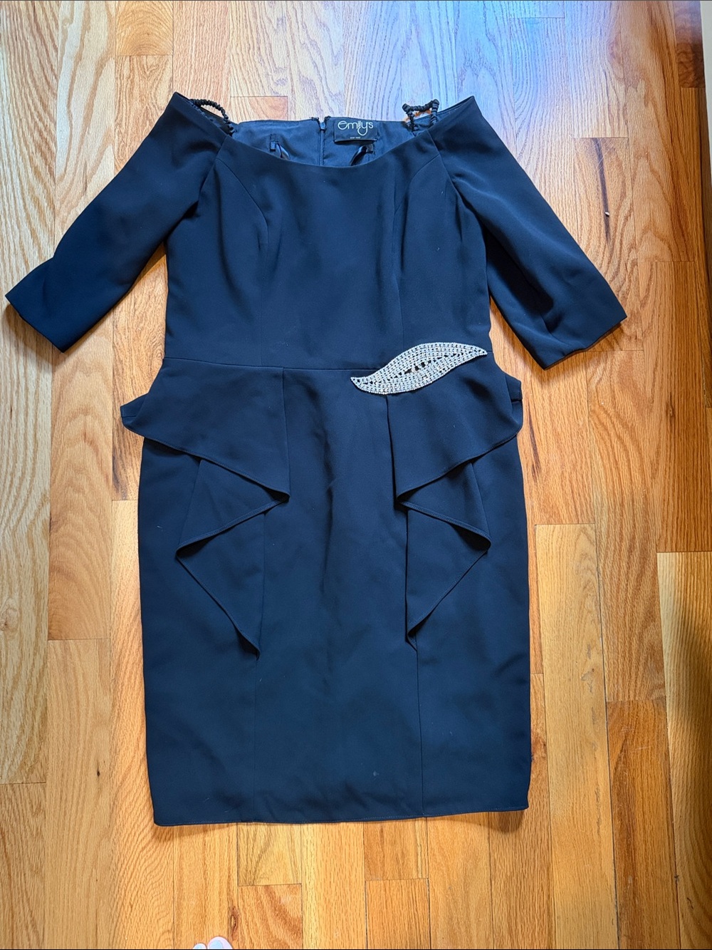 Emily's of New York: Off the Shoulder Black Dress with Rhinestone and Ruffle